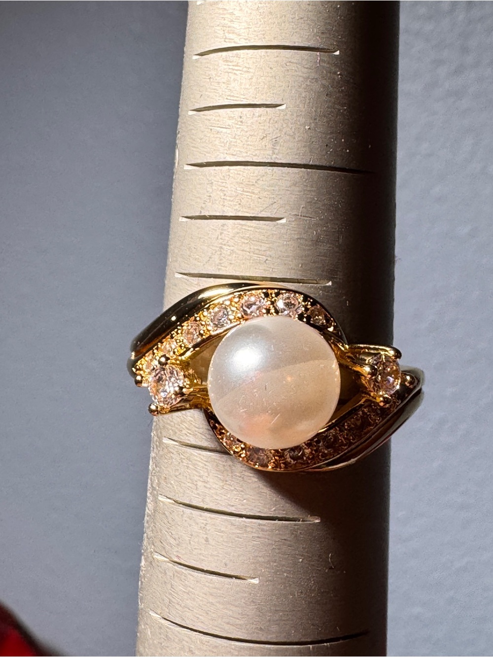 Gold Pearl Statement Ring with Clear Accents